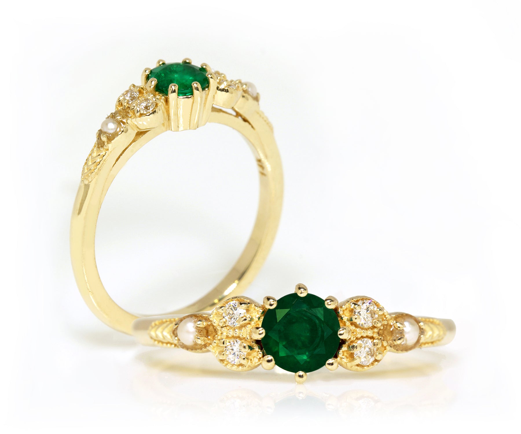 Vintage Emerald Diamond Pearl Engagement Ring – Ambrosia