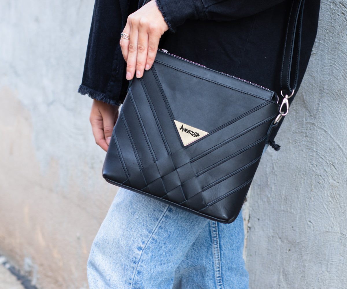 Criss-Cross Genuine Leather Matte Black Small Handbag